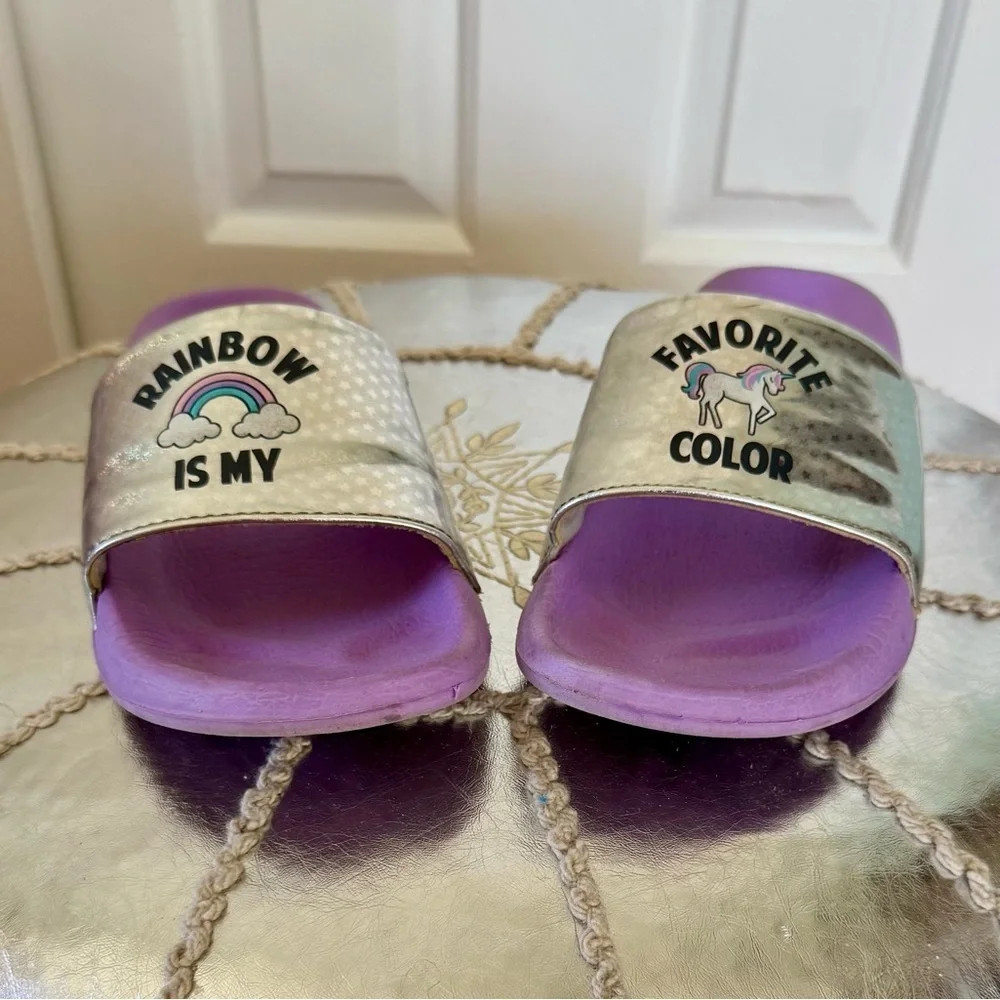 Rainbow is my favorite color purple & silver kids slides size 3/4
